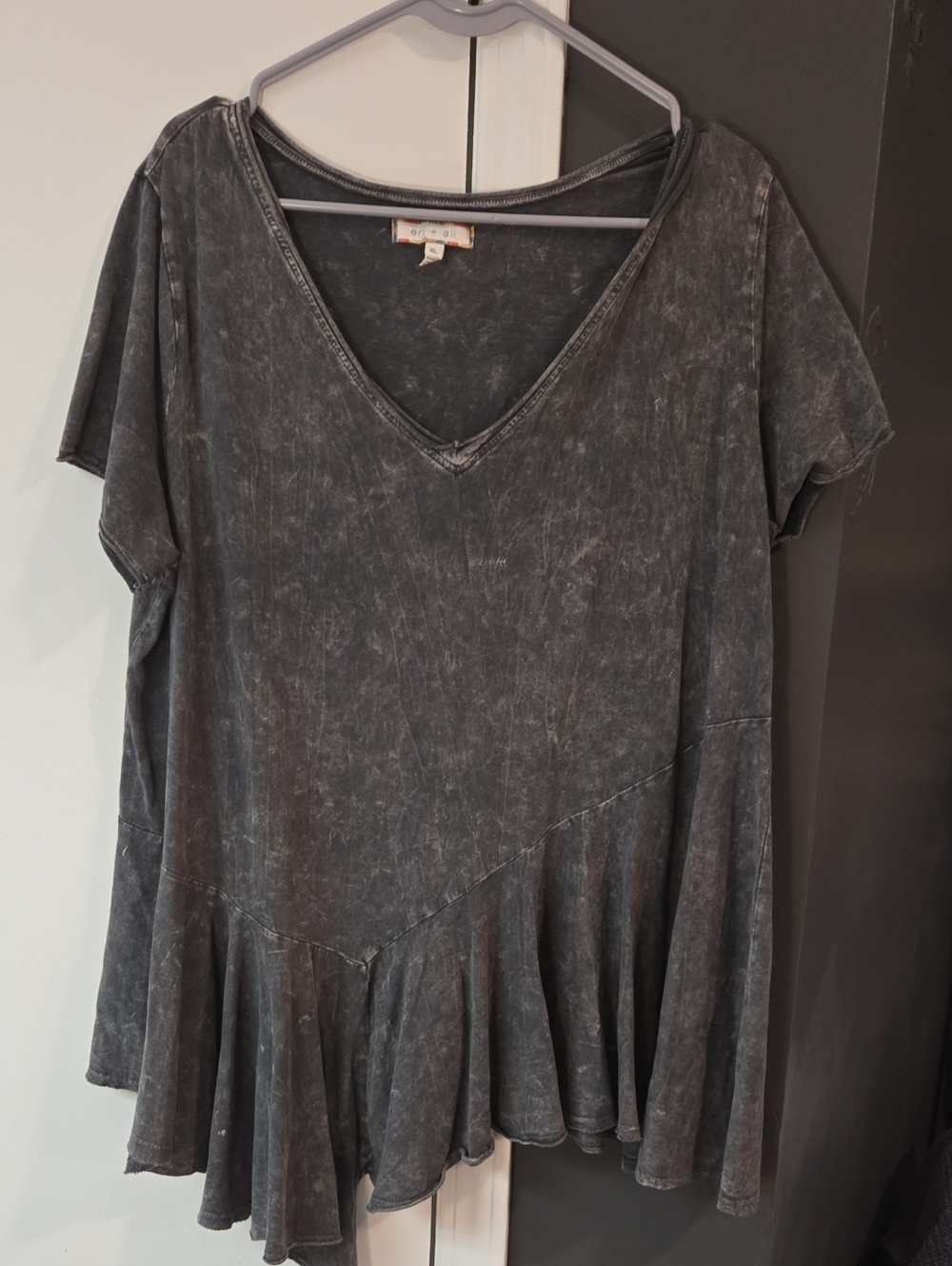 Vintage Wash Black V-Neck Ruffle-Hem Tunic